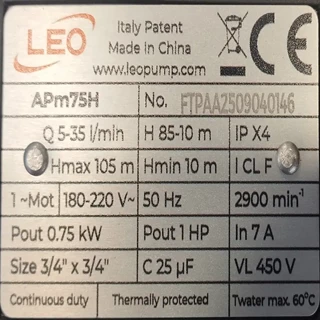 پمپ آب یک اسب محیطی فشار بالای لئو مدل APm75H 